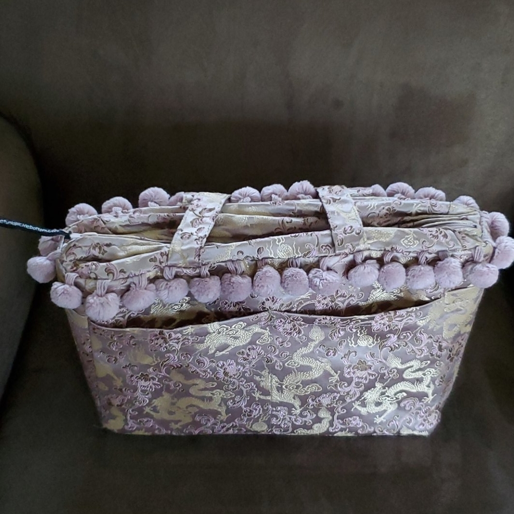 Silk Brocade Tote Bag with PomPoms - Picture 7 of 8
